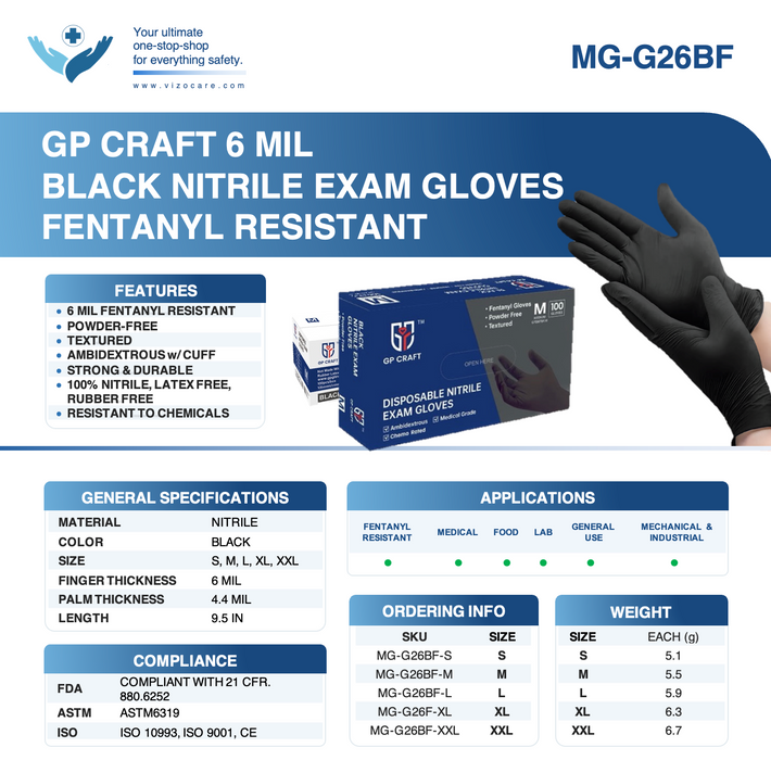 GP Craft 6 MIL Black Nitrile Exam Gloves Chemical-Resistant, Case of 1000 pcs. (MG-G26BF) - VizoCare