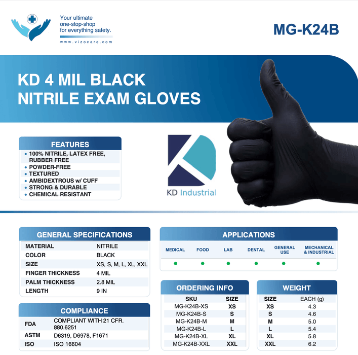 KD 4 Mil Black Nitrile Exam Gloves, Case of 1000 pcs. (MG-K24B) - VizoCare