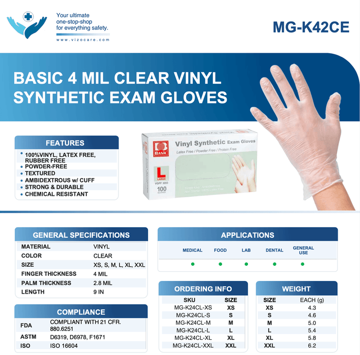 Basic 4 Mil Clear Vinyl Synthetic Exam Gloves, Case of 1000 pcs. (MG-K42CE) - VizoCare